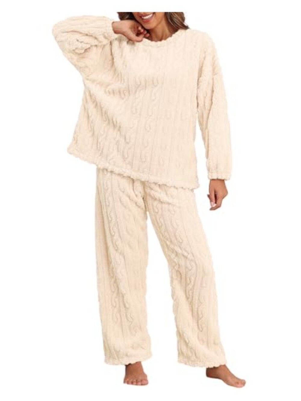 Fleece Pajama Set Women Ribbed 2 Piece Plush Lounge Sleepwear Warm